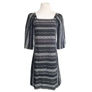 Wrap London NEW Linen Blend Square Neck Striped Argyle Shift Dress Black US 2